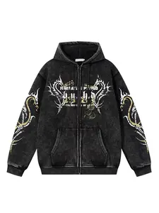 Men's Vintage Wash Tie-Dye Gradient Letter Dragon Print Hoodie, Zipper Pocket Design, Casual Fashion Sweatshirt for Spring & Fall, Casual Loose Sweatshirt