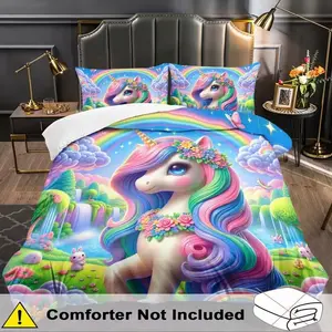 Unicorn Bedding Set, Rainbow Horse Quilt Set, Animal Pattern Quilt Set, Bedroom Decor Room, 3-Piece Set with 2D Cartoon Flat Print, Cartoon Printed Bedding, Including 1 Quilt Set and 2 Pillowcases (unfilled)