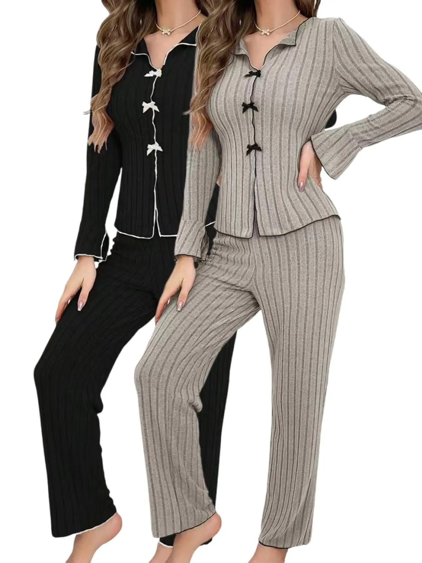 Women's Contrast Binding Lettuce Trim Pajama Set, Casual Bow Decor Long Sleeve Flounce Sleeve Collared Top & PJ Pants, Women's Sleepwear for Spring & Fall, Pyjamas for Women, Casual Loungewear, Pajama Outfit