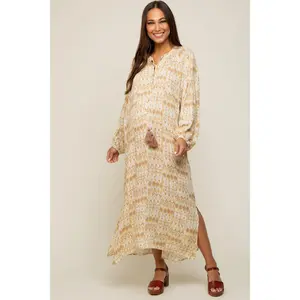Cream Button Front Split V-Neck Side Slit Maternity Midi Dress