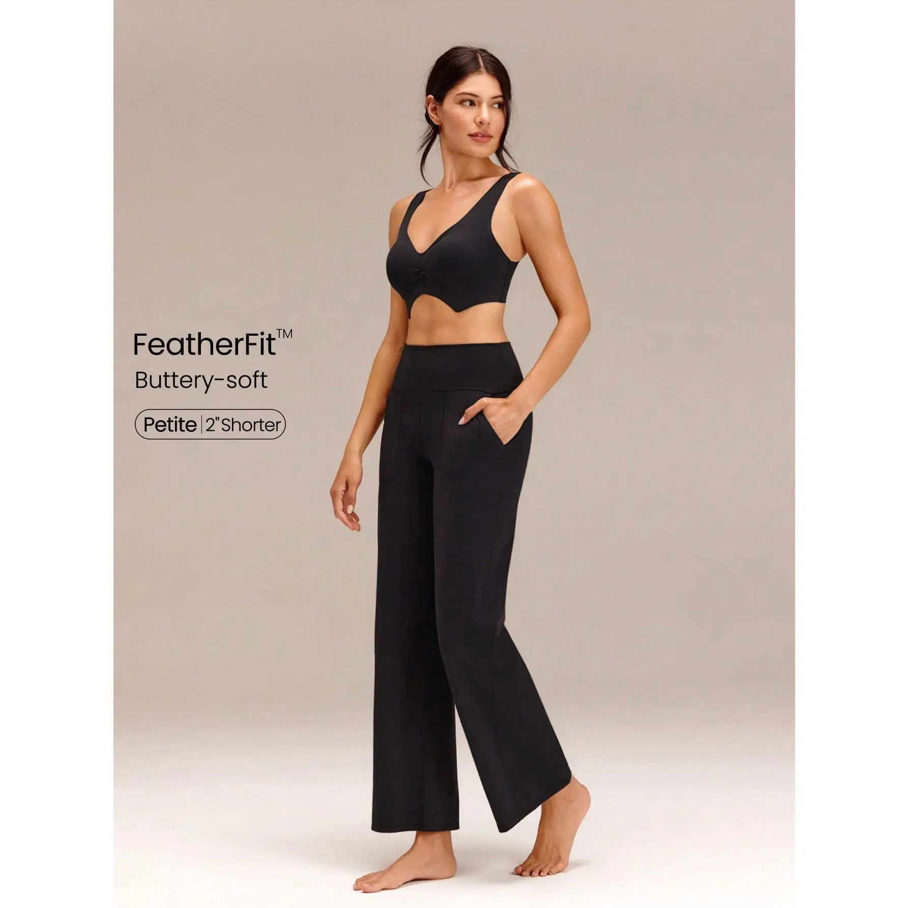 GLOWMODE 27" Petite FeatherFit Ease Into It Wide-Leg Ultra-High Waist Leggings With Pocket Yoga Pilates Studio Daily Active Wear