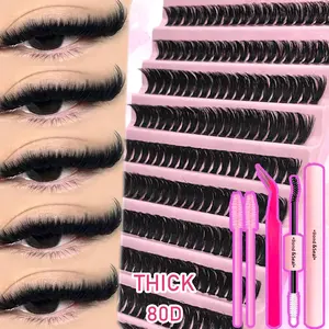 80D D Curl Volume Cluster Lashes Kit | 200PCS Extra Dense Lashes, Fluffy Eyelash Clusters | Includes Glue, Tweezers & Brush | Soft Lightweight Lash Extensions | Easy DIY Application at Home | Long-Lasting Glam Look for Parties, Weddings & Daily Makeup