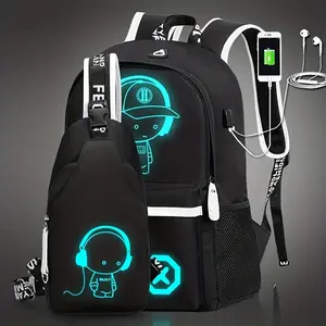 Large Capacity Black Canvas Backpack Unisex Built-in USB Charging Port for More Convenient Travel Headphone Placement Design Thoughtful and Practical Adjustable Shoulder Strap to Fit Different Body Shapes