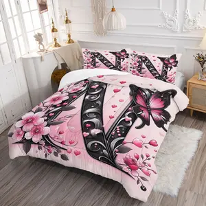 3Pcs Floral Butterfly Monogram Letter N Comforter Set, Soft Microfiber Bedding Set with Pillowcases, Cute Pink Aesthetic Room Decor for Teen Girls Bedroom Dorm Home Decor Gift