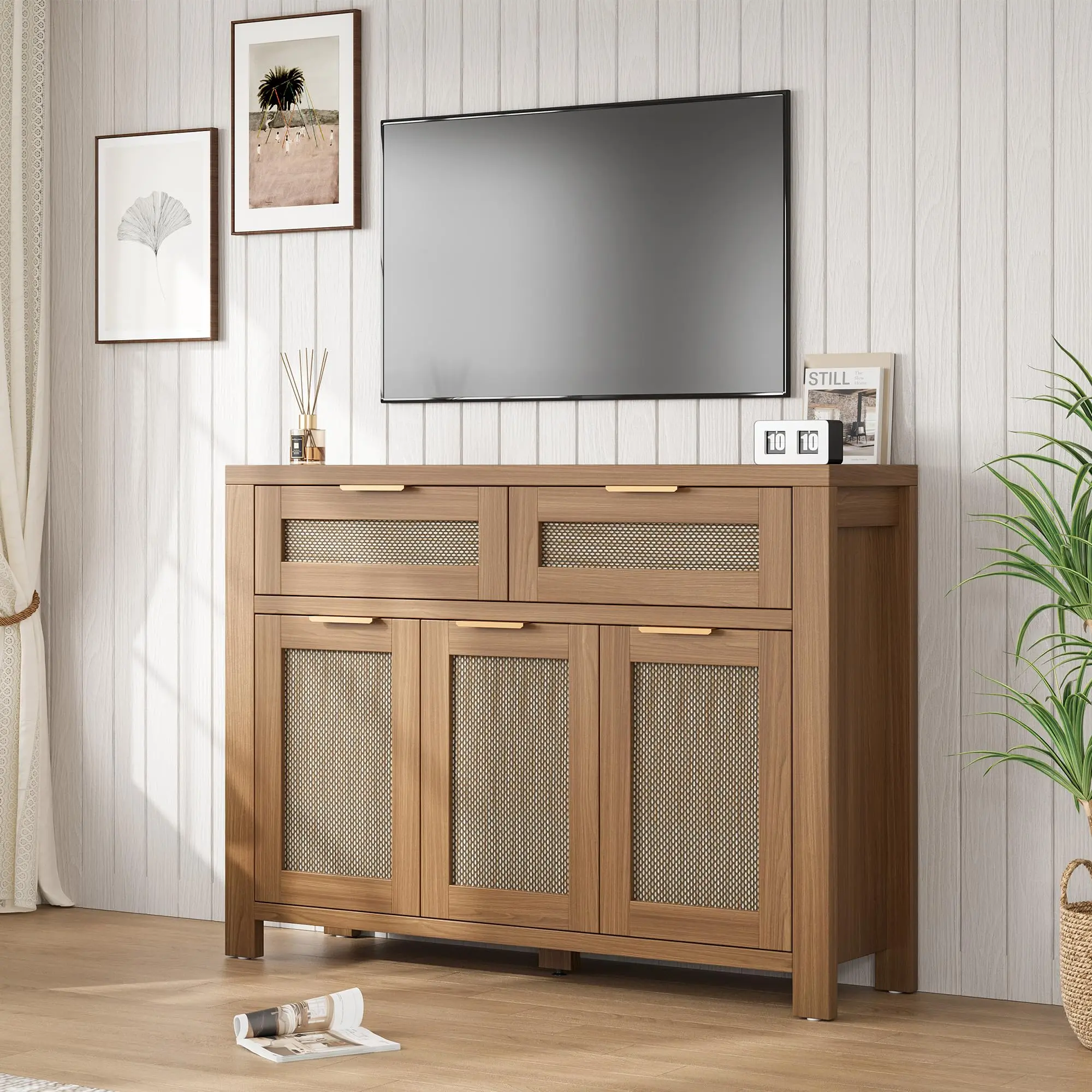 Spacious Storage Rattan Buffet Cabinet - 43" Sideboard with 3 Doors, 2 Drawers, Adjustable Shelves - Boho Farmhouse Dining Room Furniture