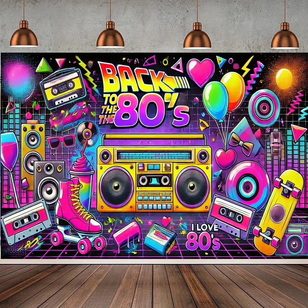 1PC 80s Retro Polyester Backdrop Banner - 2D Flat Nostalgic Music-Themed Reusable Cloth, Ideal for Birthday Decorations, Home & Party Supplies