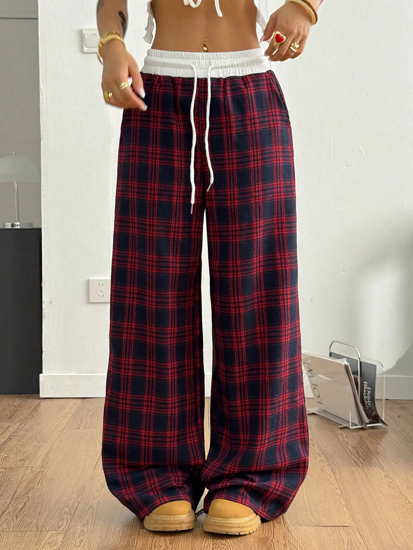 Women's Plaid Wide Leg Pants, Casual Loose Fit Sweatpants, All Season Trousers, Fashion Streetwear, Hip Hop Dance, School Girl Style, Youth Holiday Wear