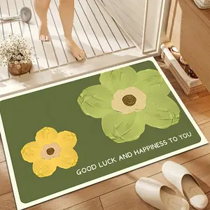 1 Piece Green Background with Floral Pattern Bathroom Floor Mat, Absorbent and Non-Slip, Rectangular Polyester Doormat for Entrance, Living Room, Laundry Room, Bathroom - Interior Decoration