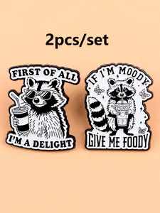 2pcs/set Cute Raccoon Cartoon Animal Lapel Brooch , "If I'm moody,give me foody" Badge ,Butterfly, Unisex Fashion Accessory for Hats Bags Jackets, Party Gift Idea, Durable Metal Pins