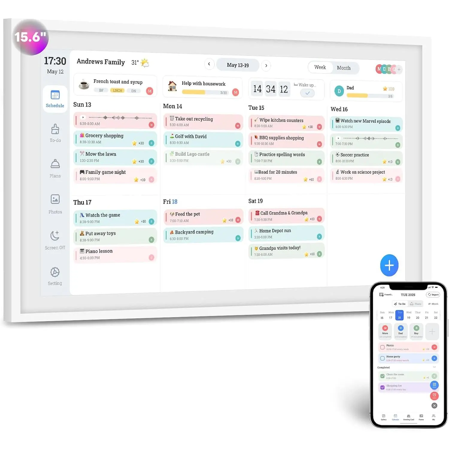 Smart 15.6-inch Interactive Touchscreen Calendar & Digital Family Planner with Mobile Connectivity for Chore Charts, Schedules, and Photo Display, Interactive Touchscreen Calendars, 15.6 Inches, Meal Planning, Mobile Sync, Premium Digital Calendar