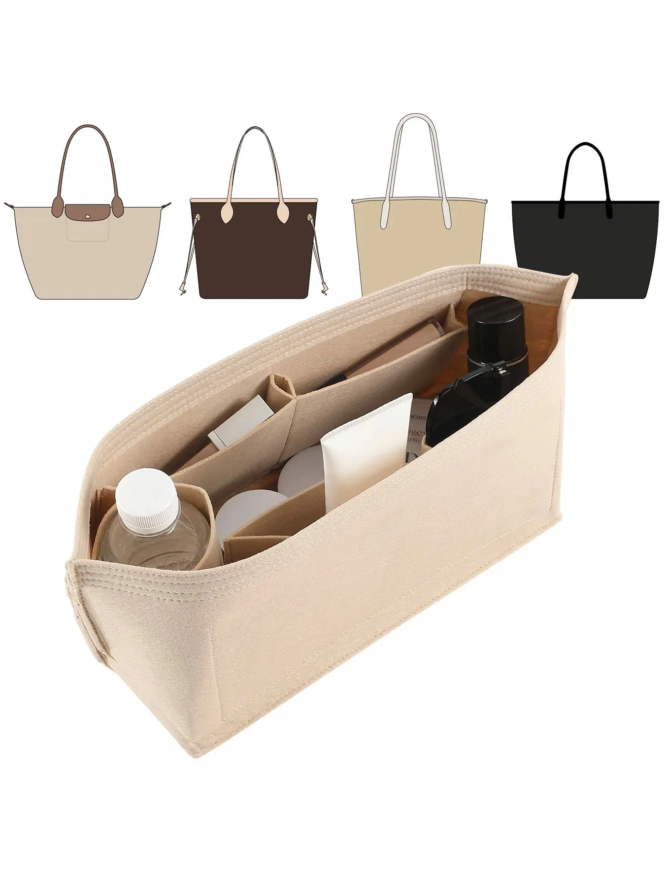 Tote Bag Organizer Insert, 2 Sizes (Medium/Large), Fits Neverfull MM/GM & Le Pliage M/L, Multi-Pocket Felt Purse Liner, Keep Bag Tidy & Shaped, Travel Organization Pouch, Travel Accessories