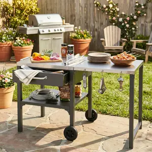 Outdoor Kitchen Cart Foldable Outdoor Prep Station Portable BBQ Cart Grill Cart with Foldable Top and Storage Space for Backyard, Patio, Gray