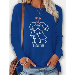Lady's Longsleeves Round Neck Comfortable Tshirt - Women's All-Season Regular Fit Heart Print Top, Machine Washable, Ideal Valentine's/Birthday Gift, Versatile for Casual Daily Wear
