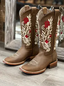 072 TERESA TAN WOMEN’S TAN FLORAL EMBROIDERED WESTERN BOOTS COWGIRL BOOTS WITH RED ROSE DETAIL