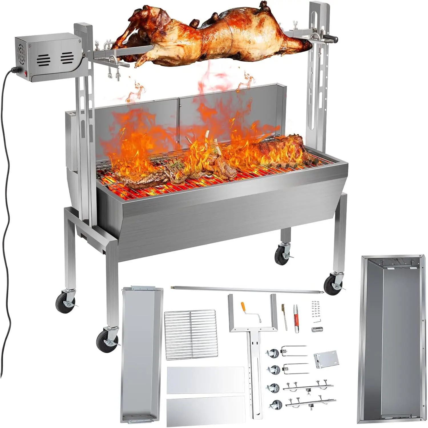 Spring new arrivals: 40W rotating barbecue grill, 48-inch rotisserie, maximum load 194 lbs, height adjustable, suitable for grilling whole pigs, lambs, and goats over charcoal, stainless steel grill with lockable wheels, ideal for outdoor camping use