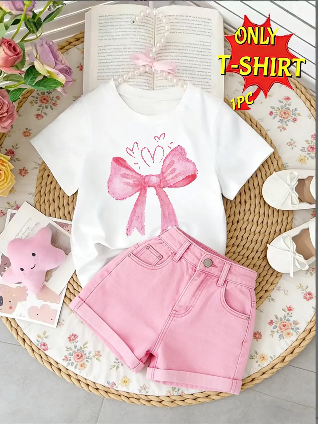 Watercolor Pink Bow Heart Kids T-Shirt, Pink Bow & Heart Short Sleeve Cotton White Toddler Girls Tee