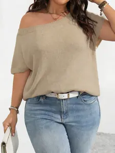 Plus Size Women's New Asymmetrical Shoulder Casual Comfortable Daily Personality Knitwear Sweater, Short Sleeve Loose Fit Knit T-Shirt, Spring Summer Fall, Aesthetic Casual Knitwear