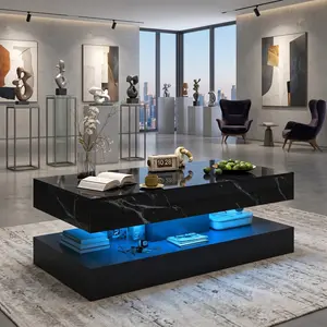Modern Marbling Print LED Coffee Table, 39/47 Inch Large High Gloss Center Table, Double-Layer Living Room Storage Table with 2 Sliding Drawers, USB Powered Ambient LED Light, Minimalist Stylish Accent Furniture for Home Living Room Decor