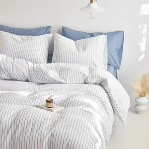 - Striped  Duvet Cover Set, Tickg Stripe Vertical Pstripe Farmhouse,  Washed  Textured Beddg Set, 3 count, Blue White,  Size