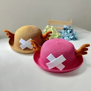 New two-dimensional anime straw hat, One Piece cartoon hat, cosplay accessory with round top and antlers, summer sunshade, gift for friends party