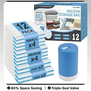 Cordless Travel Vacuum Storage Compression Bag set 12 Pack in 4 Sizes , Space Saver Bags for Luggage, Suitcase, Carry-On, for Clothes, Blankets, Bedding & Seasonal Storage,12 Combo