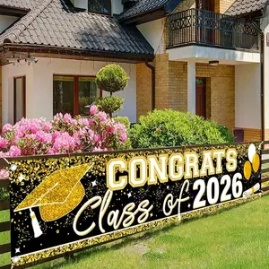 1Pc Large Graduation Banner, 2026 Congrats Grad Yard Sign For Graduation Party Decorations 2026,  Golden Welcome Sign Outside Fence Garage Garden Porch Backdrop Home Decor Wall Room Decor 2D Flat Outdoor Hanging Banner