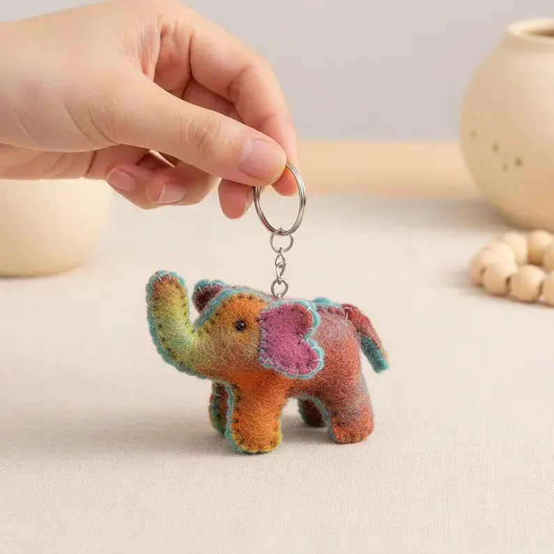Handmade Cute Soft Felted Wool Elephant Keychain - Raised Trunk, Good Luck Sign, 3.1in L x 2.3in H/7.9cm L x 5.8cm H Elephant Form Charm for Friends, Casual Everyday Use