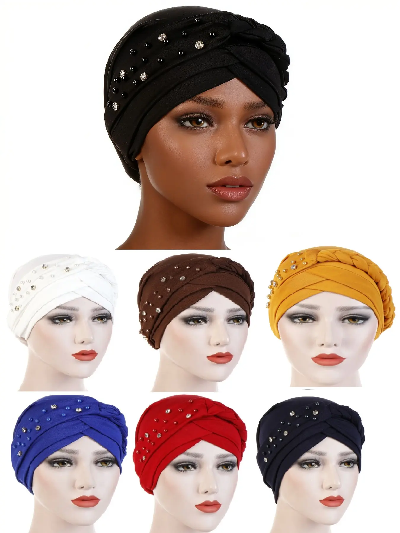 Style Knitted Patchwork Headscarf Hat, Single Side Beaded Rhinestone Whip Cap, Casual Loose-Fitting All Seasons, Hijab Turban, Scarf Head Wrap, Tignon Scarf, Head Scarf Turbans, Fashion Hair Scarves