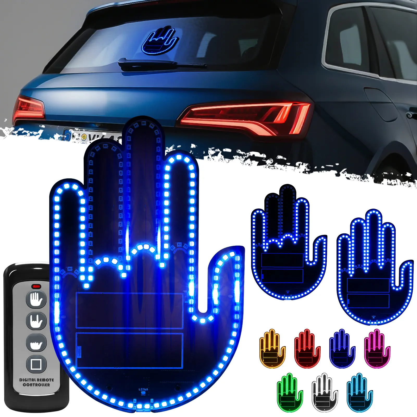 DIBMS Wireless control of LED Car Gesture Light with Remote Control, Recyclable & Rechargeable, Fun Rear Window Sign,Calming Road Rage, Ambient Lighting Kit,3 Modes Adjustable Finger Lights. Car Ornament Vehicle