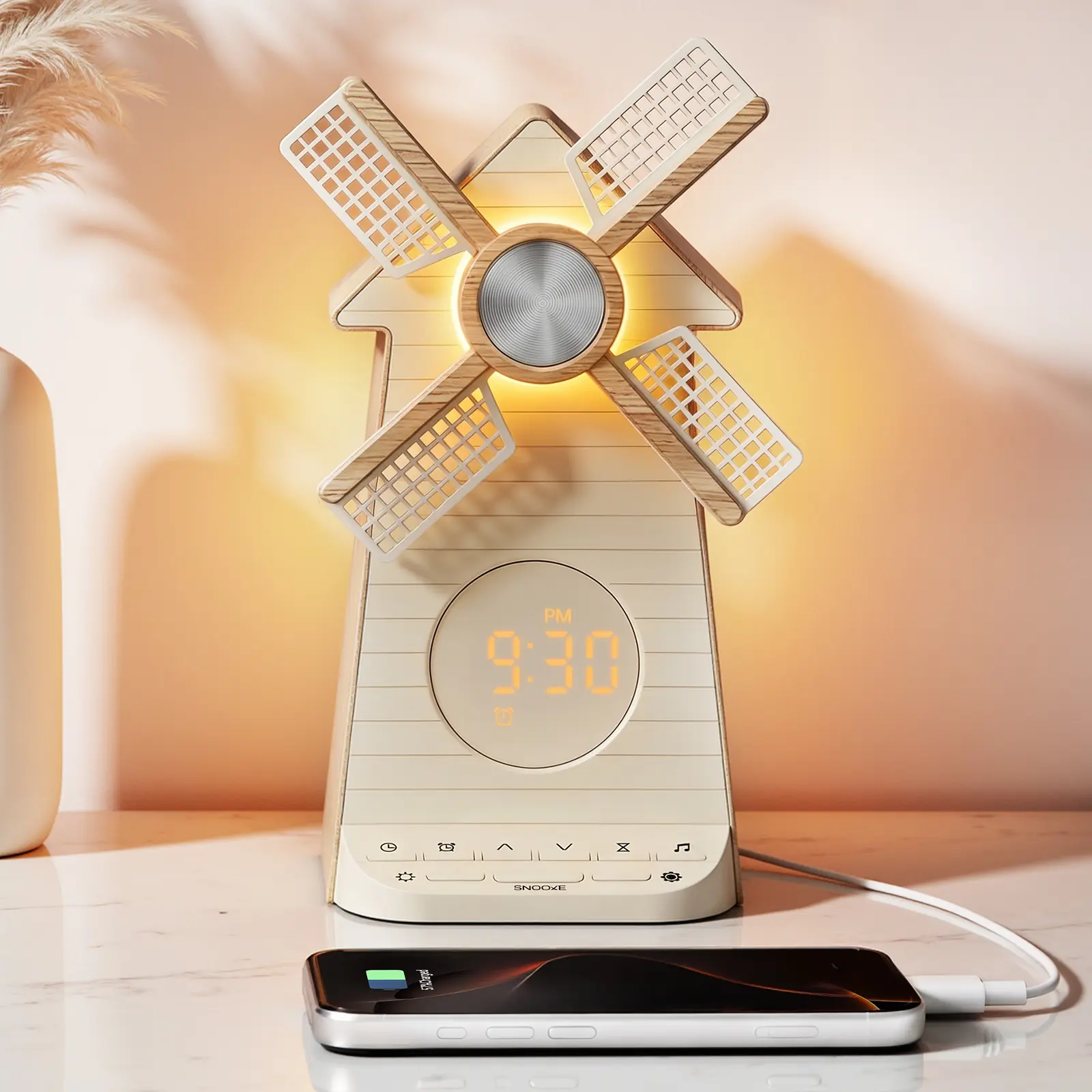 Reteyung Sunrise Alarm Clock - Alarm for Waking Up with LED Display, 360° Rotatable Specialty & Decorative Lighting Windmill Light, White Noise Sleep Aid, USB Charging Port, Snooze, Sleep Timer, Bedroom Decor