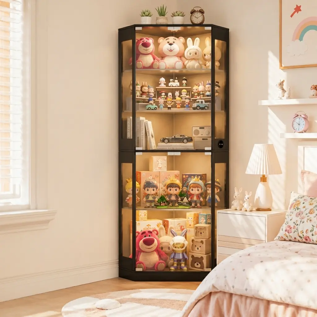 71" 5-Tier Black Lighted Corner Glass Display Cabinet - Double Doors, 3-Color LED Auto Sensor, Adjustable Shelves, Charging Ports - Black Furniture, Dining Room Corner Glass Display Cabinet, Light Up Your Space (Collectibles, Game Room), Indoor, Corner Gl