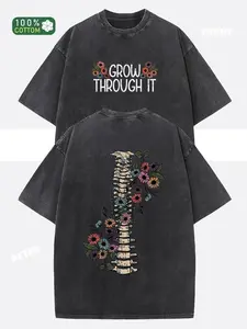 250g Washed Cotton Unisex T-Shirt - Dual-Sided GROW THROUGH IT & Floral Print, Retro Vintage Loose Fit Short Sleeve Top for Men & Women, Spring Summer Casual Wear