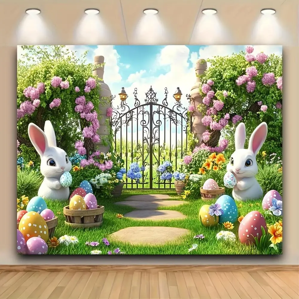 Reusable Vibrant Polyester Flat Easter Theme Backdrop Cloth - Cute Bunny & Colorful Eggs Decoration for Children’s Happy Birthday Party, Photo Backdrops & Banners, Christmas Decor