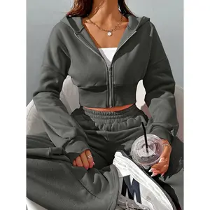 Women's Casual Solid Color Two-Piece Set: Zip-Up Hooded Jacket & Elastic Waist Joggers