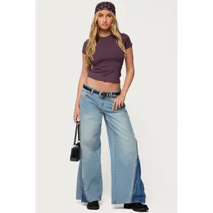 Zippered Washed Low Rise Wide Leg Jeans