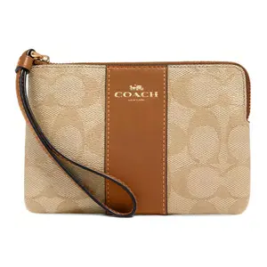COACH Corner Zip Wristlet 16 Top-Zip Closure Coated Canvas and Recycled Leather Small Wristlet for Women in Gold and Light Khaki