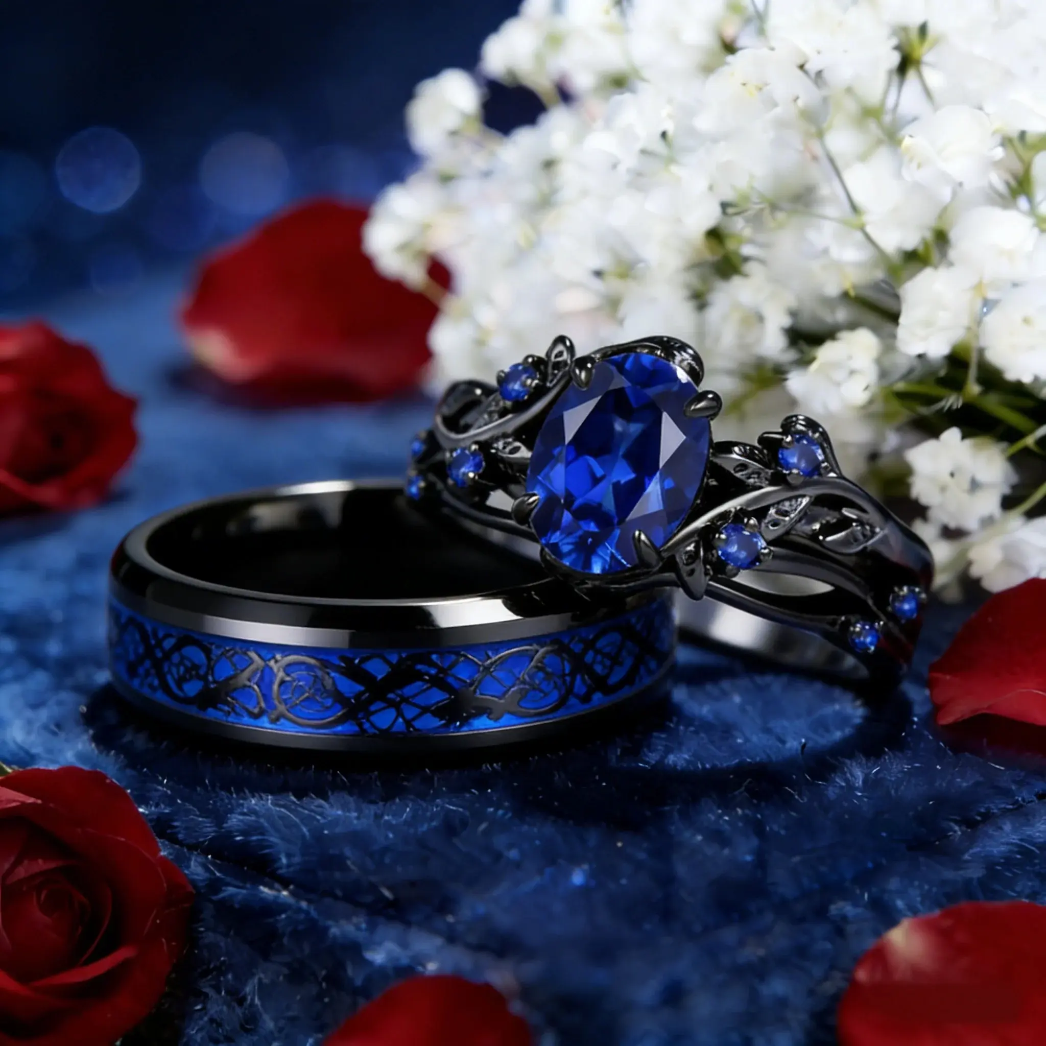 Charm Couple Rings Romantic Women Blue Rhinestones Rings Set Trendy Men Stainless Steel Celtic Dragon Rings Wedding Band Jewelry