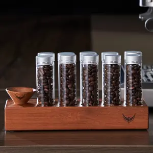 Single Dose Coffee Bean Storage Tubes - Borosilicate Glass Coffee Bean Cellar with Wooden Display Stand, Walnut Funnel, Extra Tubes