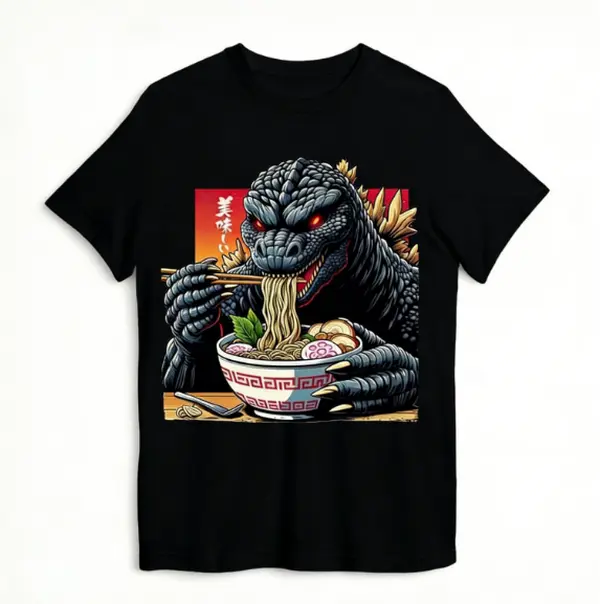 Unisex 100%‑Cotton Retro Godzilla Eating Ramen Japanese Style Graphic Tee, Kaiju Monster Casual Short‑Sleeve T‑Shirt for Men Women