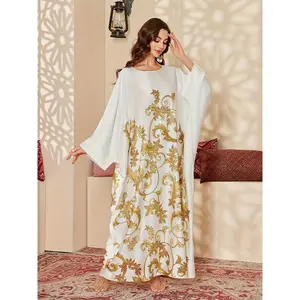 Elegant Printed Long-Sleeve Kaftan Dress – Women’s Comfortable Golden Polyester Robe, One Size Fits Most, Modest