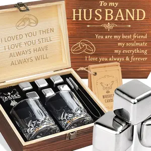 Anniversary  Gifts for Men Him Husband, Stainless Steel Engraved Whiskey Stones Glasses Set Gift, Gift for Birthday Wedding for Boyfriend Fiance, Cool Burbon Scotch Set Gifts