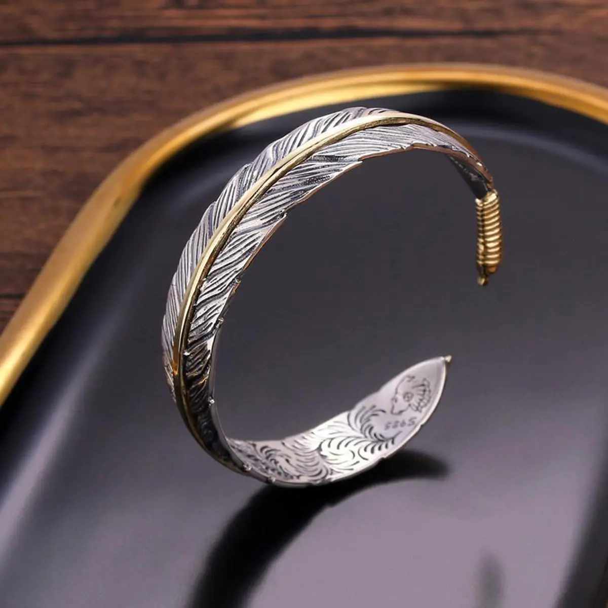 Vintage Feather Motif Metal Cuff Bracelet for Men, Adjustable Open Bangle Design for Daily Wear, Fashion Jewelry Gift, Adjustable Bangles, Men's Accessories