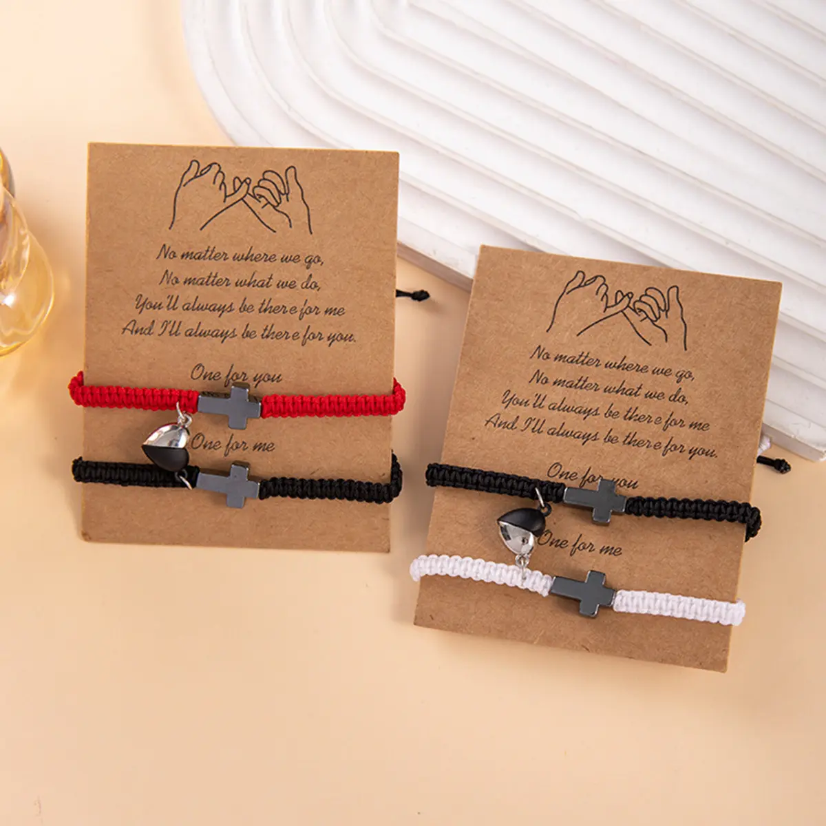 Two adjustable cross bracelets, heart magnetic rope bracelets, friendship bracelets, unisex couple's promise bracelets.