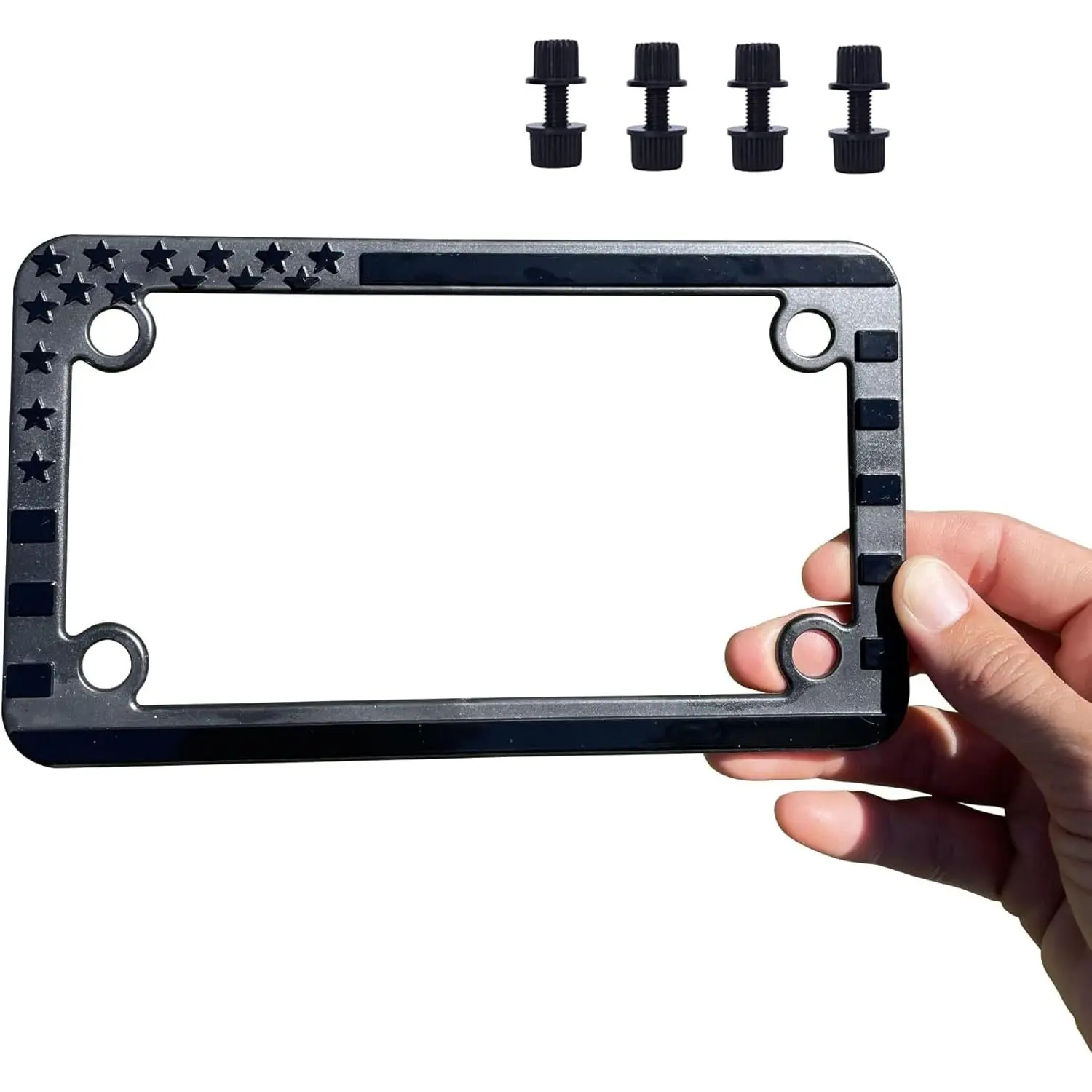 Automotive Vehicle Motorcycle License Plate Frame - Matte Black Finish with Subdued 3D Effect Gloss Paint, 4 Black Screw Caps for Motorcycle Enthusiasts' Street Bikes, Scooties