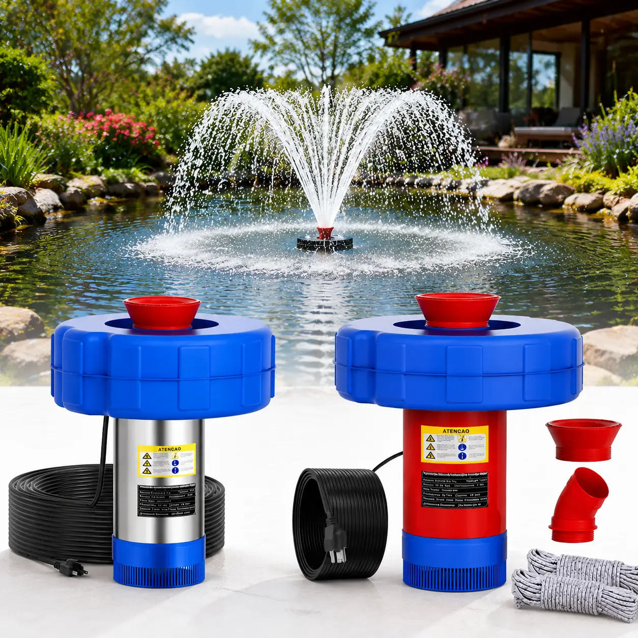BOFEKTE Pond Fountain Aerator Improve Water Quality 1HP 110V 750W 15000 GPH Floating Fountain Pump with 100 FT Power Cord 2 x 100 FT Rope Timer Fully Automatic Powerful Aerating Fountain for Larger Ponds, Lakes Water Circulation Pump