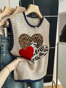 Women's Fitted Casual Knit Top, Heart Pattern Design, Deep Blue Color, Perfect for Spring & Fall, Ideal Valentine Gift