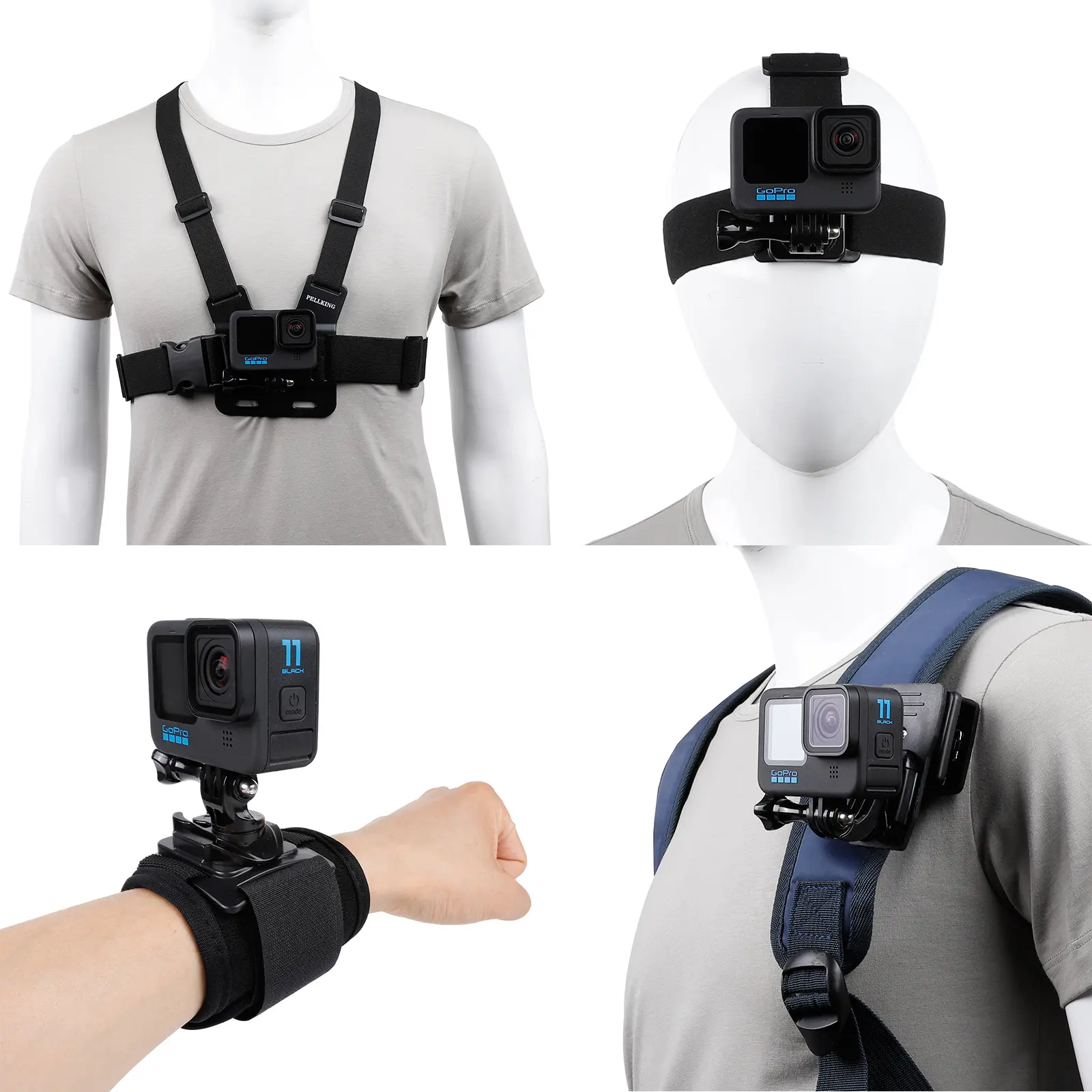 Adjustable Wearable Camera Accessories Set for GoPro Hero 13/12/11/10/9/8/7/6/5/4, DJI OSMO ACTION 6/5/4/3, INSTA360 - New Quick Release Head Strap Mount, Chest Mount Harness, Backpack Clip Holder, 360°Rotating Wrist Strap with Elastic Band