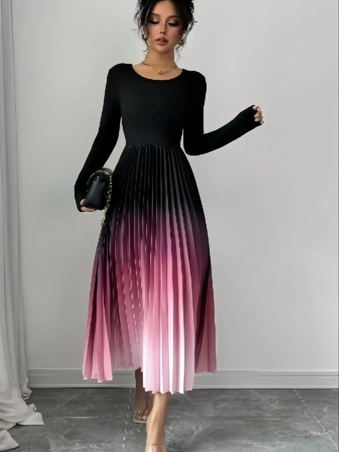 Women's Ombre Print Pleated A Line Dress, Elegant Long Sleeve Round Neck Midi Dress for Party Holiday Wedding Guest, Ladies Clothes for All Seasons, Wedding Attire, Elegant Dresses