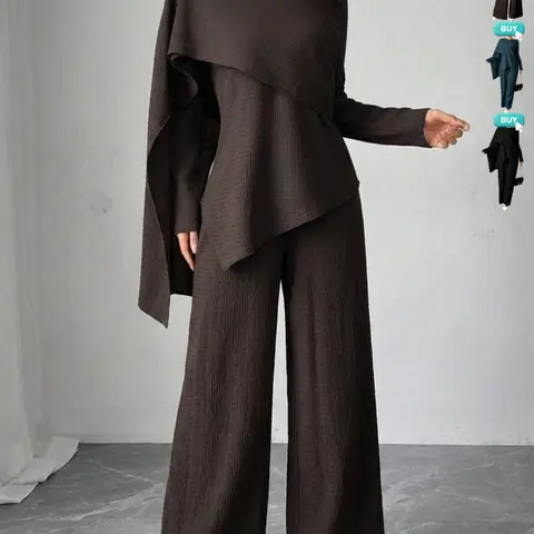 Asymmetric Design Shawl Set, High-End Casual Three-Piece Suits, Textured Top & Wide-Leg Pants, Stylish Daily Wear, Womenswear, Outfit, Asymmetrical
