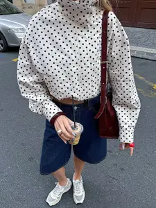 Women's Spring & Fall Fashion Casual Polka Dot Bubble Jacket, High Neck Long Sleeve Zipper Front, Drawstring Hem Pocketed Coat Outerwear, Womenswear